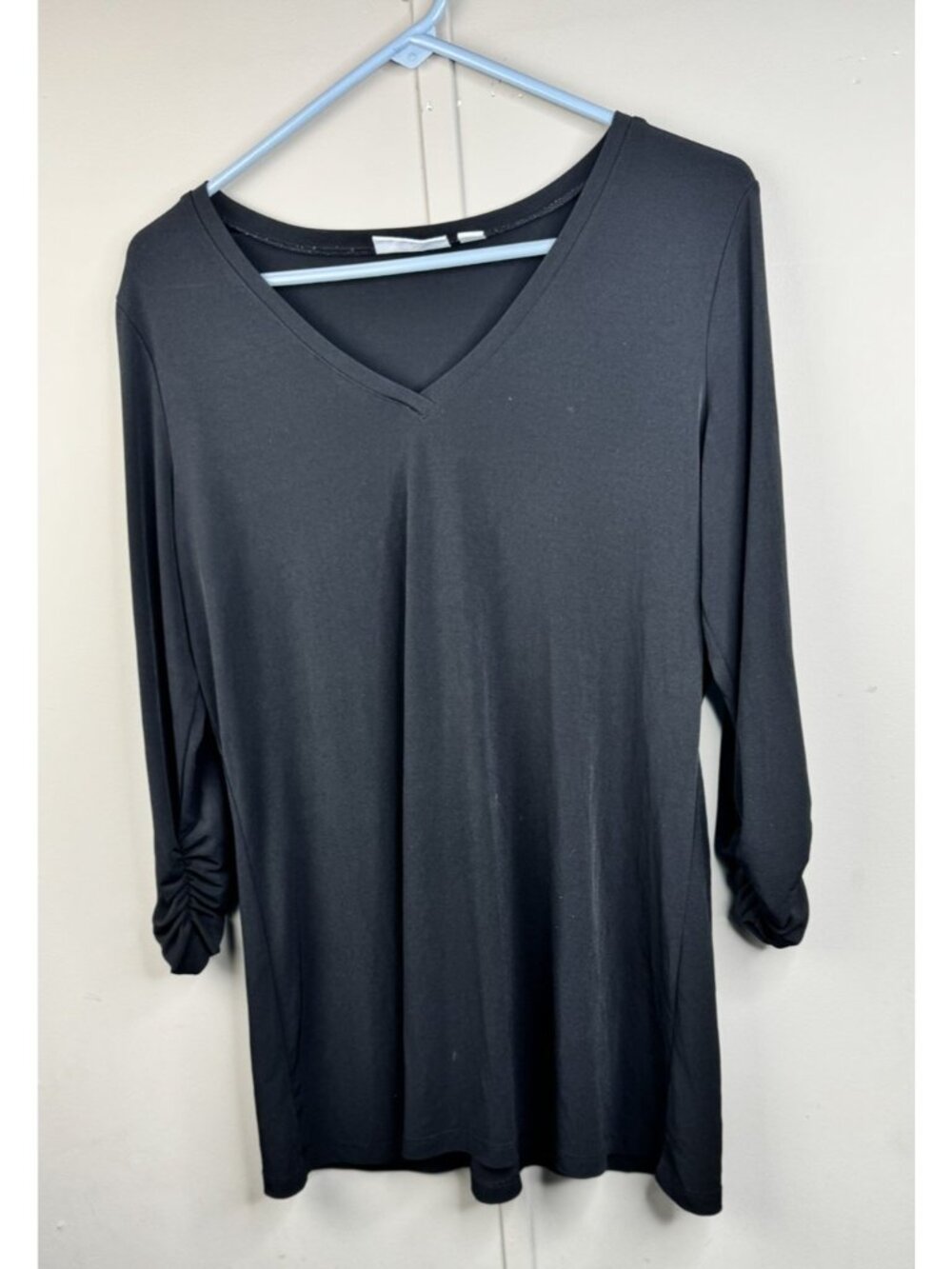 Susan Graver Size S Oversize Tunic Top Black V Neck Ruched Sleeve